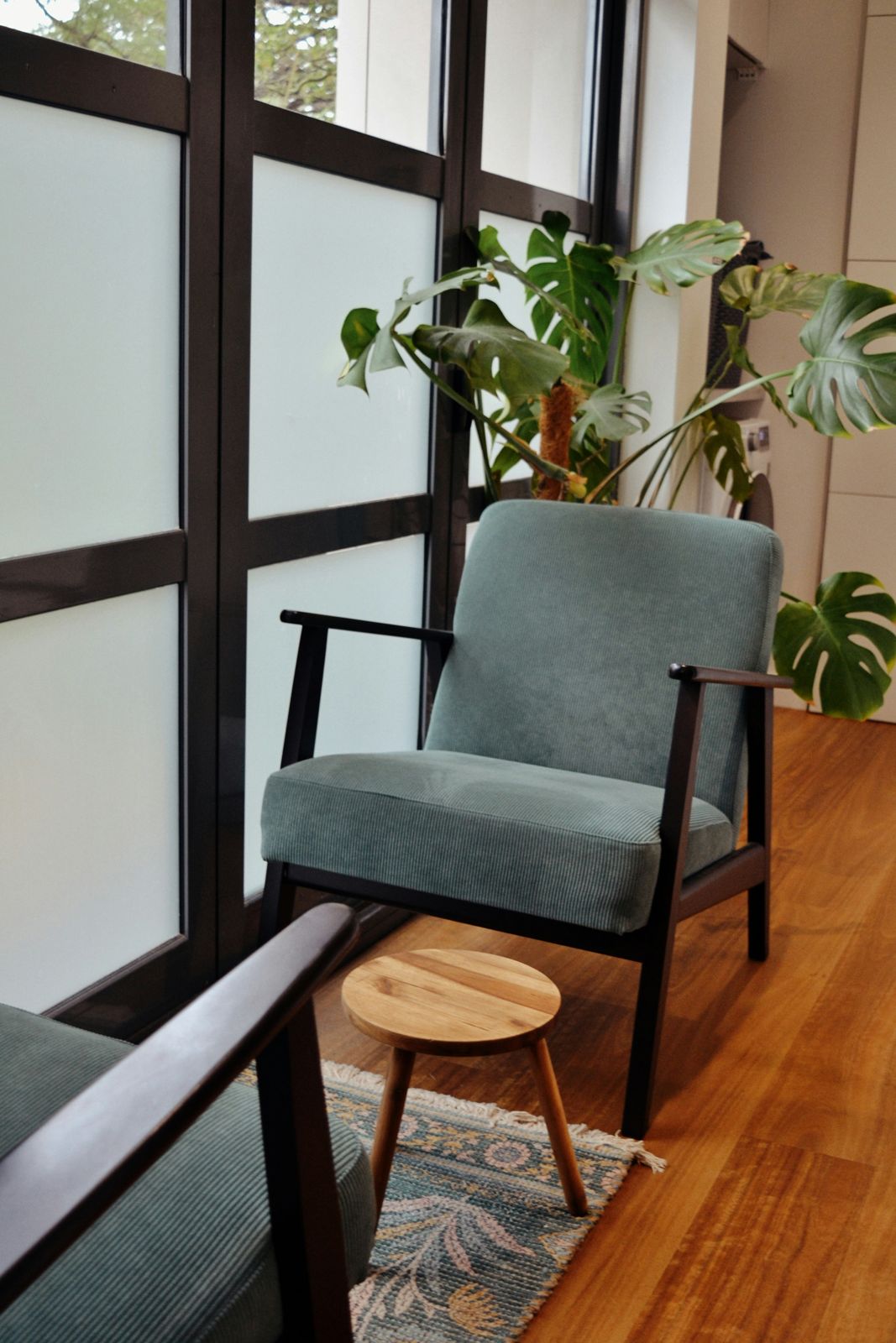 Two green armchairs facing each other by a tall window with a plant